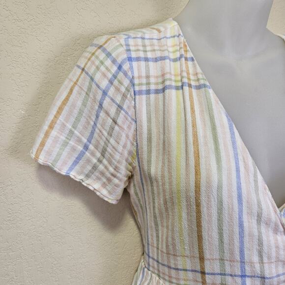 Madewell Clara Midi Dress Faux Wrap Plaid Picnic Cottage Linen Blend V-Neck XS - Picture 7 of 16